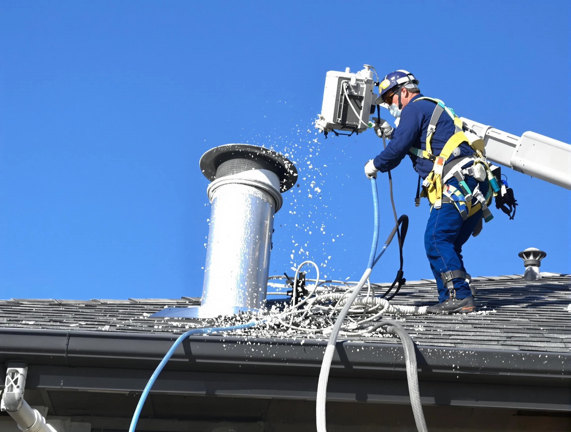 Lake View Dryer Vent Cleaning certified technician safely cleaning a roof-mounted dryer vent in Lake View