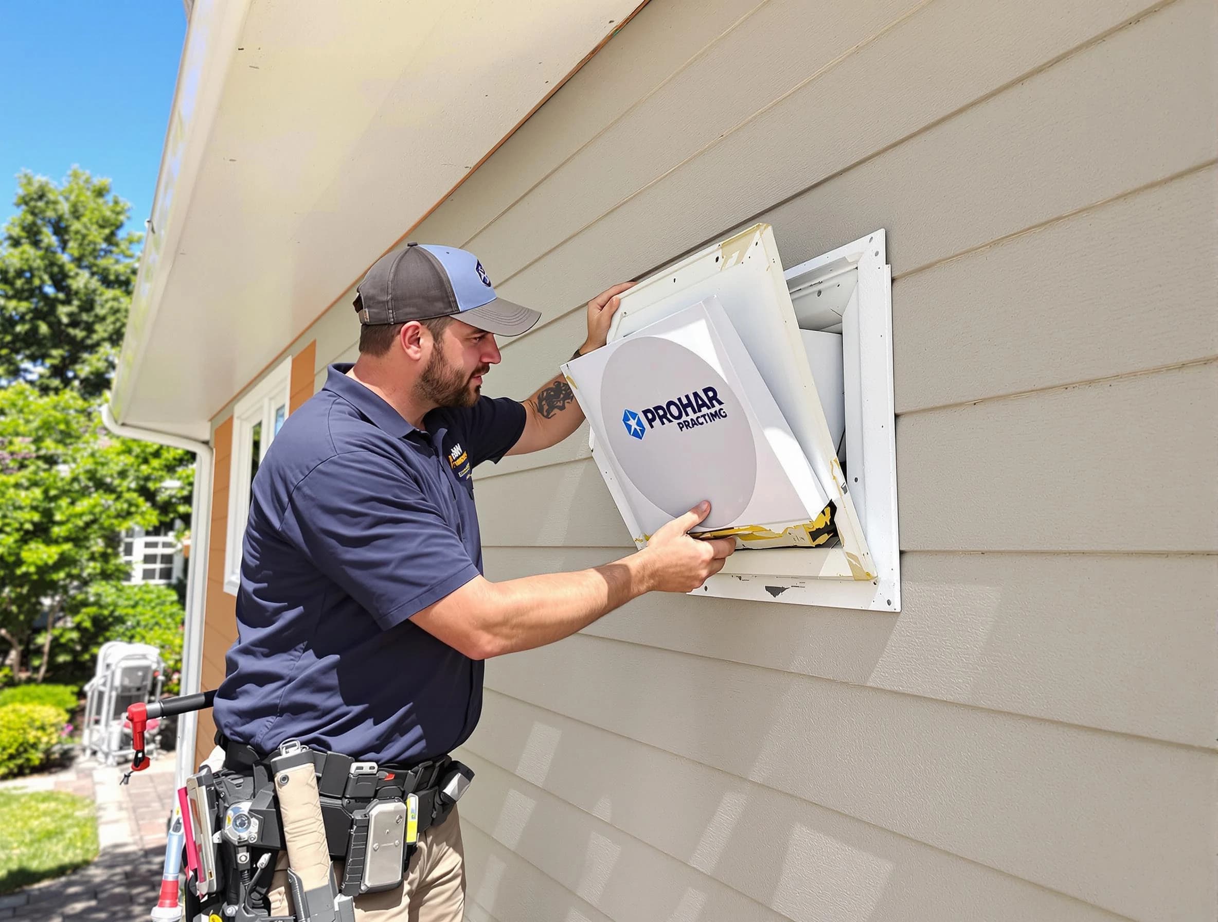 Lake View Dryer Vent Cleaning technician installing a new protective dryer vent cover on a home in Lake View
