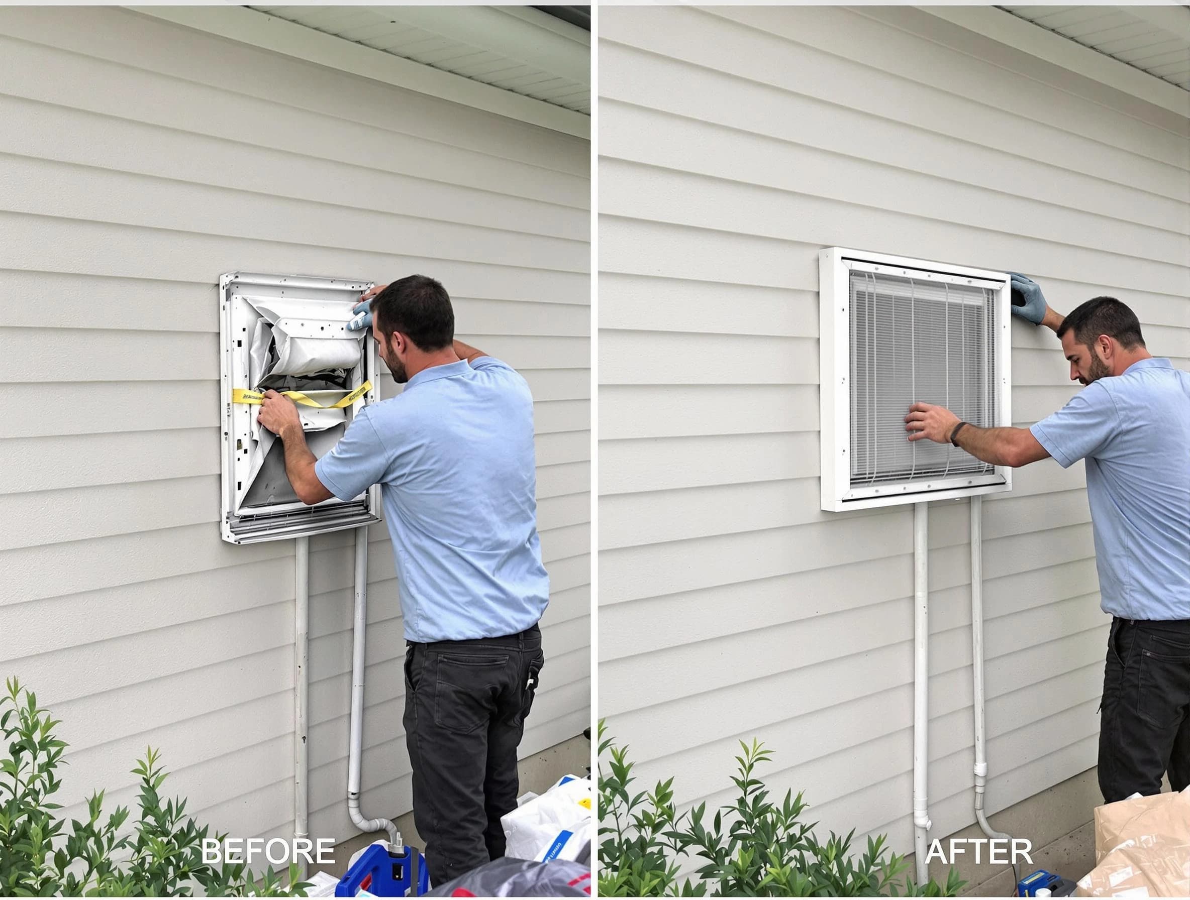 Lake View Dryer Vent Cleaning technician installing high-quality dryer vent cover at a residential property in Lake View
