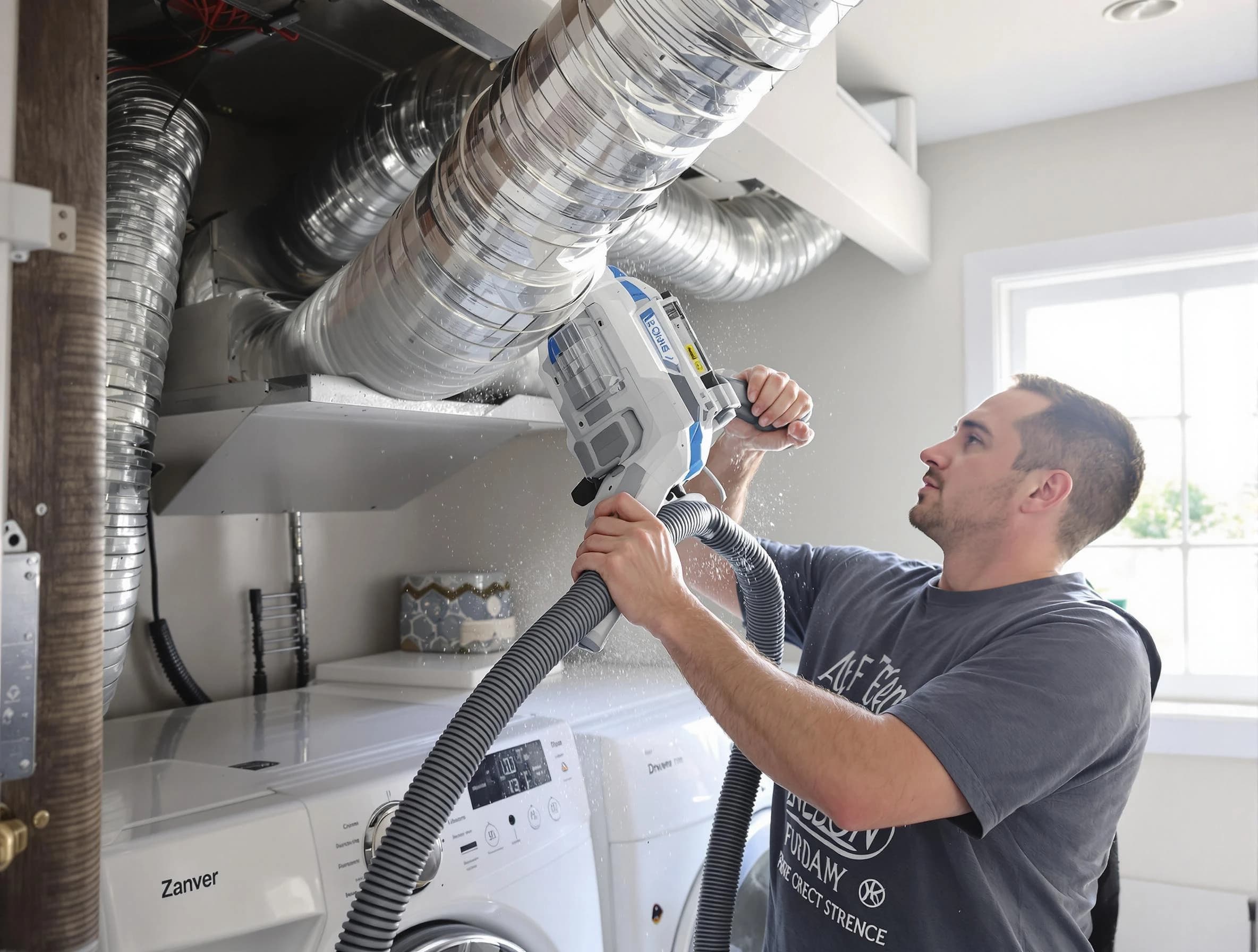 Lake View Dryer Vent Cleaning specialist cleaning deep within a dryer vent duct system in Lake View