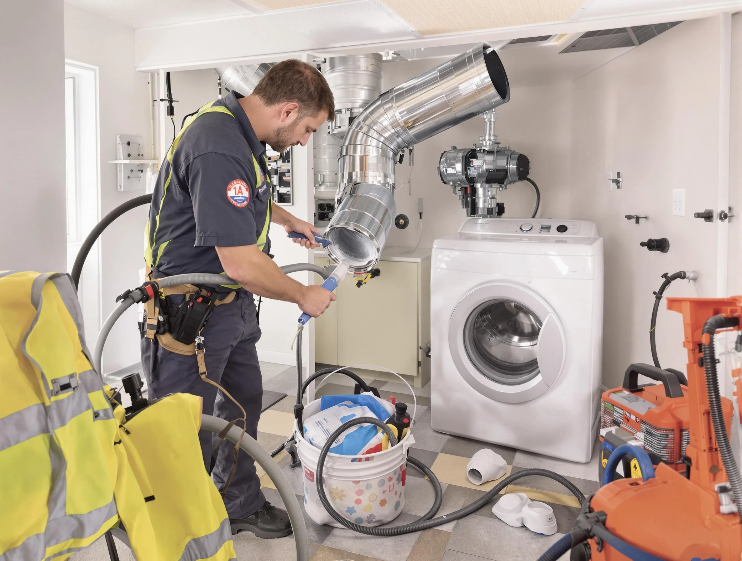 Lake View Dryer Vent Cleaning technician using specialized equipment to clear severe dryer vent blockage in Lake View